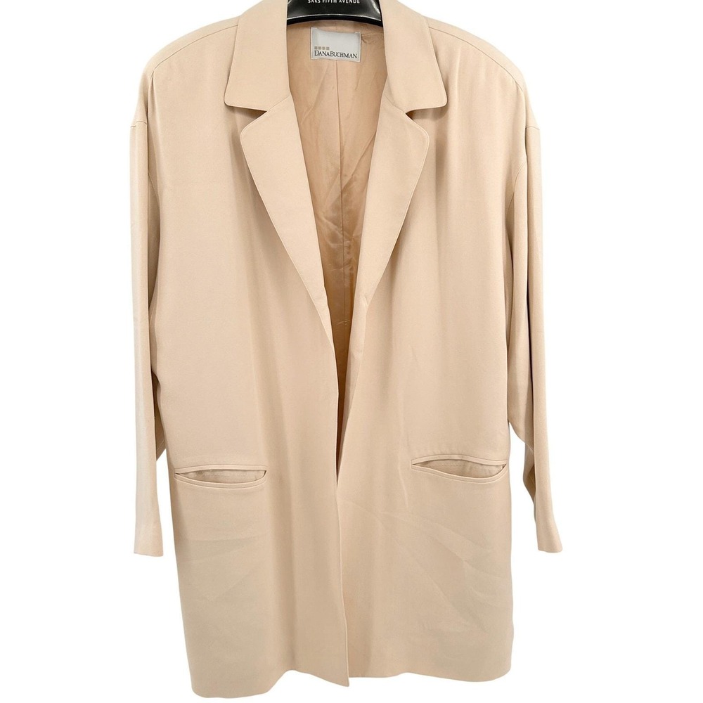 Dana Buchman Silk Blazer Wms 8 Beige Open Front Lightweight Minimalist 90s Vtg